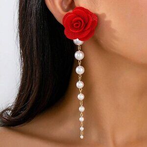 Pearl Earrings With Red flowers NWOT